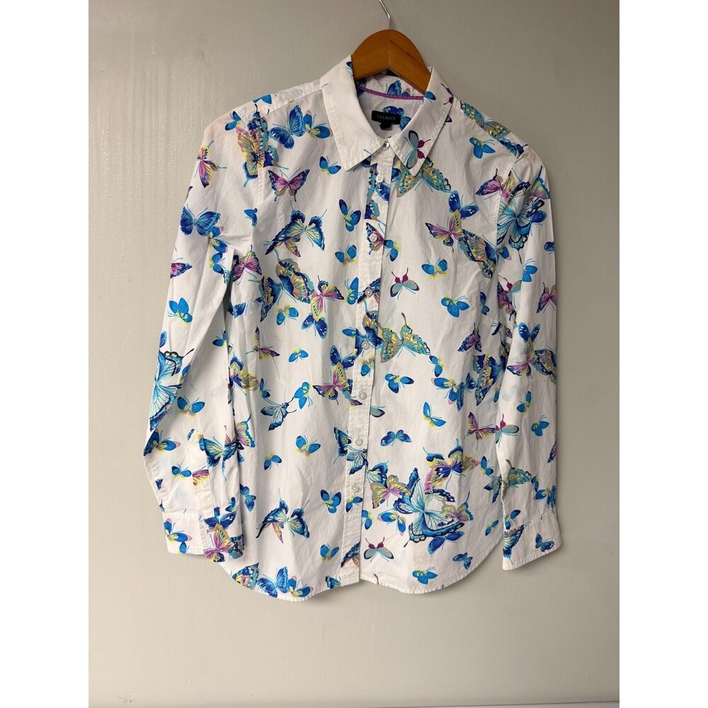 Talbots Butterfly Print Shirt Womens Small White Blue Cotton Long Sleeve Button